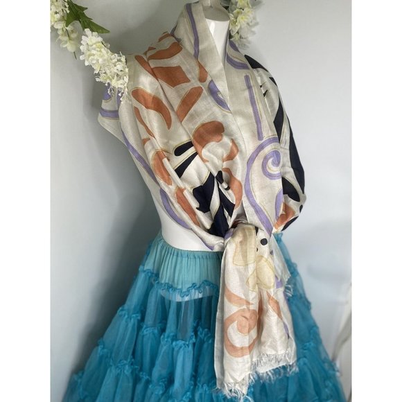 Cashmere Wrappings 100% Silk Wrap Scarf Shawl 80”x27” Cream Black Orange Purple - Picture 5 of 16